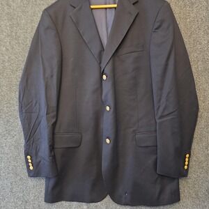 T. Harris Blazer Sport Coat Mens 44L Blue 100% Wool Gold Button Jacket Old Money